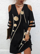 Hollow Mesh Polka-Dot Printed Split-Joint Half Sleeves Loose Cold shoulder Mini Dresses
